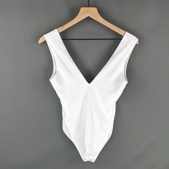 NWT Free People White Thong V-Neck Bodysuit Size L - Picture 1 of 7